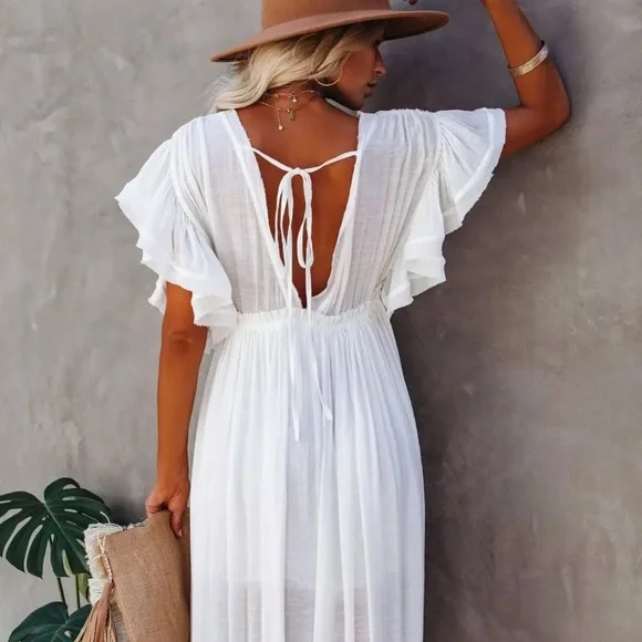 White Boho Plunge V Neck Maxi Dress - Picture 4 of 9